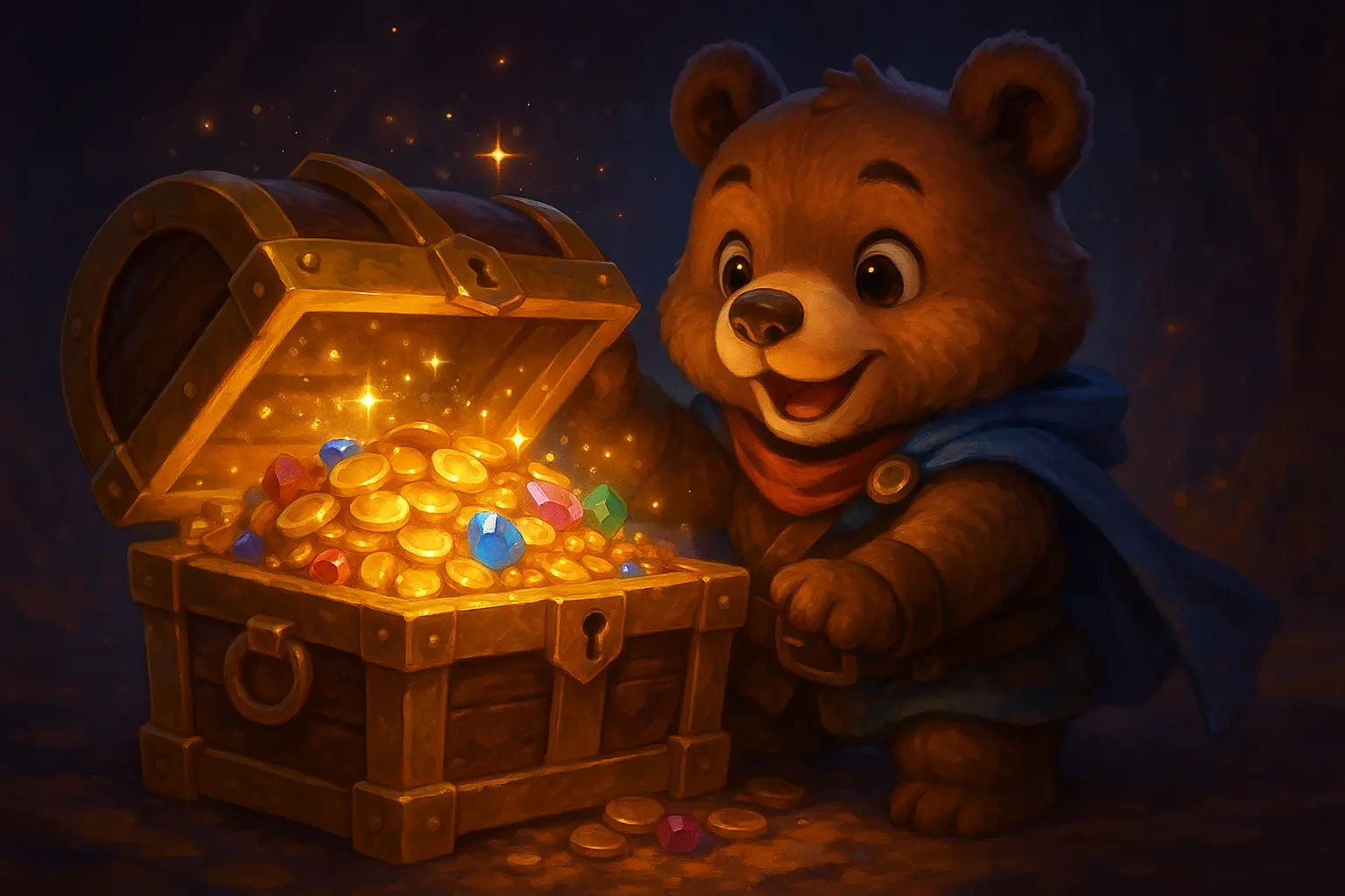 Adorable cartoon bear opens a glowing treasure chest filled with gold coins and colorful gems. The bear smiles with excitement as magical sparkles illuminate the scene. A warm, fantasy-style illustration symbolizing luck, treasure, and rewards.